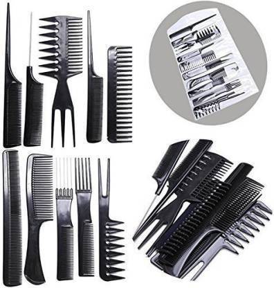 Drosselz 10Pcs Pro Salon Hair Cut Styling Hairdressing Barbers Combs Brush Comb Set, Professional Different Hair Comb Set, Hair brush, Black (Set of 10)