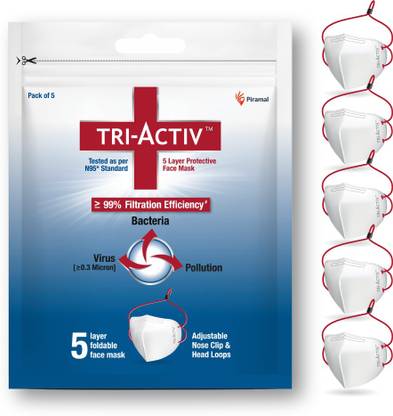 Tri-Activ 5 Layer Protective Face Masks, 0.3 Micron / N95 Tested as per NIOSH standard, 99% Bacterial and Filtration Efficiency, Pack of 5 white mask with adjustable Head Loop Reusable