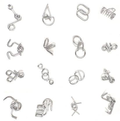 RVM Toys 16 in 1 Metal Puzzles Brain Teaser Challenge Set IQ Busters Intellectual Toy for Kids and Adult Design 2