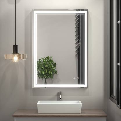 PRISHNA Bathroom Mirror with LED Lights Lighted Makeup Vanity Mirror Wall Mounted Backlit Frameless Large Size 18X24 inch Rectangular, Memory Touch, Horizontal/Vertical, Warm White/Daylight Lights (18”X24”, 2 Color Temperature Light)