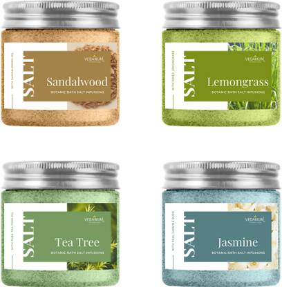 Vedanum Botanic Infusion Sandalwood, Lemongrass, Tea Tree, Jasmine Bath Salt Combo for Relaxing, Pain Relief and Foot Massage - Pack of 4 Jars 100 Gm Each