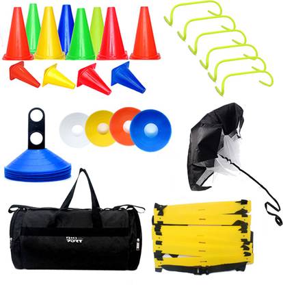 RIO PORT Marker Cone 12 1 speed chute, 1 agility ladder(20ft long 12 rungs), 12 disc cones, 6 adjustable plastic hurdles(7. 87 inches to 11. 6 inches high) and 1 carry bag Football Kit