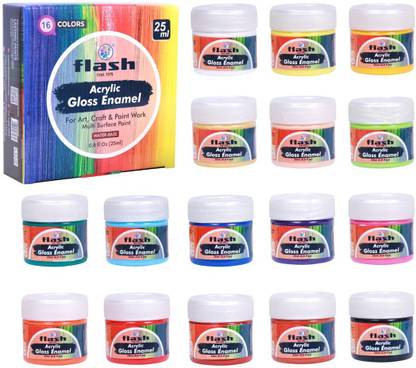 FLASH Acrylic Paint Set (Gloss Finish) | 16 Colors | 25 ml, 0.8 fl oz Each | High Pigment Strength | Non Fading | Indoor/Outdoor | Non Toxic | Multi-Surface Paint | Pro Artist, Hobby Painters & Kid | Made in India