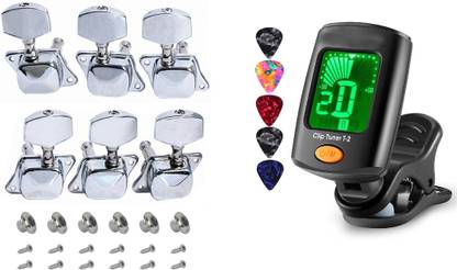 DawnRays Chrome Tuning Peg With Guitar Tuner Silver Key for Acoustic Guitar Parts Tuners Keys Guitar Tuning Pegs Tuners Machine Heads 3R+3L(6 PCS) Manual Analog Tuner