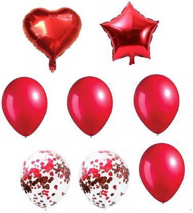MOREL Solid RED COLOR 8PCS MIXED SHAPE BALLOON-1 PC HEART AND 1PC STAR FOIL BALLOON, 4PCS RED BALLOON AND 2PC () CONETTI BALLOON, DECORATIONS ITEM Balloon