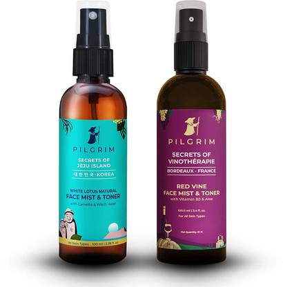 Pilgrim Alcohol Free Face Toner 100ml + Vino Red Vine Face Toner & Mist Spray 100ml For Pores Tightening, Anti Ageing, Glowing Skin Combination, Acne Skin, Dry, Oily Skin