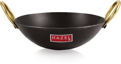 HAZEL Traditional Iron Kadhai Deep Bottom Kadai Frying Kadhai Handmade Loha Lokhand with Golden Handle, 31.5 cm, 3400 ML Kadhai 31.5 cm diameter 3.4 L capacity