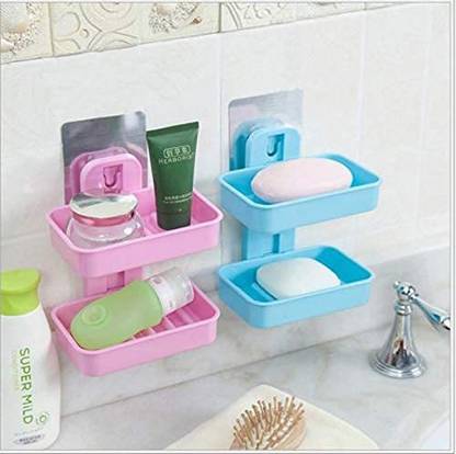 SHOPITECH Plastic Double Layer Sucker Wall Mounted Soap 2 Box with Flipped Idea Suction Cup Holder for Bathroom and Wash Basin, Soap Box with Suction Cup Holder Rack for Bathroom (Blue) Plastic Wall Shelf