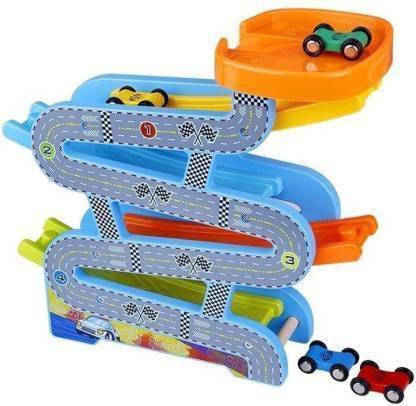 pihura Wooden Car Park Zig Zag Car Slide-with 4 Wooden Cars & Roof Top Car Park Playsets