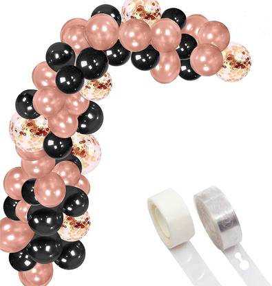 Bash N Splash Solid Rose gold & Black Balloon Garland Party Decoration Pack With confetti balloon with Arch Strip & Glue Dots(Pack of 112) Balloon