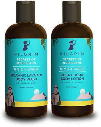 Pilgrim Jeju Body Care Regimen Kit Volcanic Lava Ash Body Wash 200ml,Shea & Cocoa Body Lotion 200ml All Skin