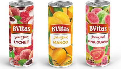 BVitas Combo Pack of Mango Juice Drink | Lychee Juice Drink | Pink Guava Juice Drink | 250ml Each | Pack of 6| 2 units of Each Item