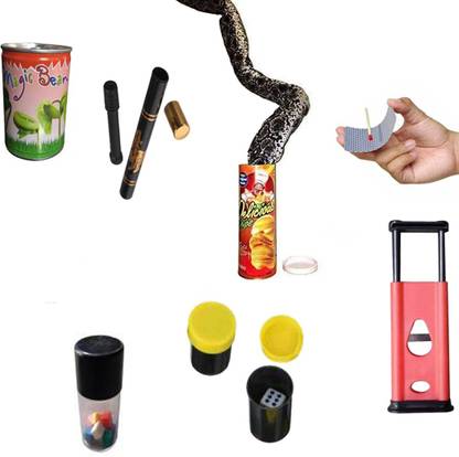 PTCMart Magic trick like bean, cigrate, Chip Potato Snake Jump Spring for kids (pack of7) (Multicolor) Magic Kit Gag Toy