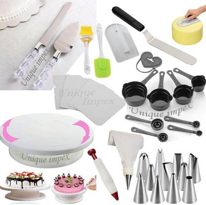 Unique Impex Easy Rotate Cake Turntable + Cake Smoother + Silicone Cake pen + 8 Pcs Black Measuring Cups and Spoon + Silicone Spatula and Brush Set + 4 Pcs Scraper set + 12 Piece Cake Decorating Set with Piping Bag + Stainless Steel Cake Knife and Server Set with Acrylic Handle + Angular-13 inch Multi-Function Stainless Steel Cake Icing Spatula Knife (All Product Washable & Reusable) Kitchen Tool Set