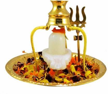 SBBCO White Marble Shivling Shiva Ling / Shivling with Brass Plate, Kalash with Stand / Trishul Brass Marble