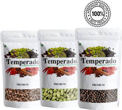 Temperado PREMIUM GREEN CARDAMOM (ELAYCHI)|CLOVE (LONG)|BLACK PEPPER (KALI MIRCH) COMBO 50GM EACH