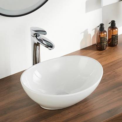 Bherunath Table Top Wash Basin For Bathroom | Counter Top Wash Basin For Living Room | Oval Shape Ceramic White Table Top Wash Basin Table Top Basin