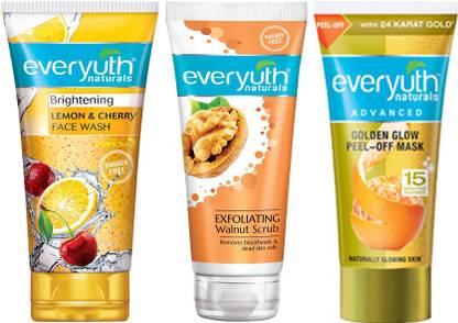 Everyuth Naturals Brighening Lemon & Cherry Face Wash 50g + Exfoliating Walnut Scrub 50g + Golden Glow Peel-Off Mask 50g