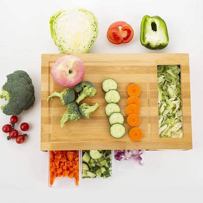 HUEX Wooden Cutting Board with 4 Container Drawers for Kitchen, Cooking, Food Preparation, Serving Wooden Cutting Board