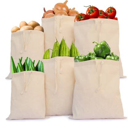BE ORG Organic Cotton Storage Bags for Fridge Storage | Fruits and Vegetables | Rice and Dhal | Grocery Pack Of 6 (2 Each of Large, Medium, Small) Pack of 6 Grocery Bags