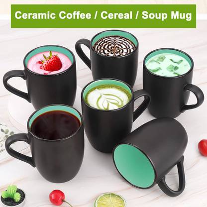 Birdie Ceramic Coffees - 6 Pieces, Matt Black, 250 ML (Sea Green Inside Colour) Ceramic Coffee Mug