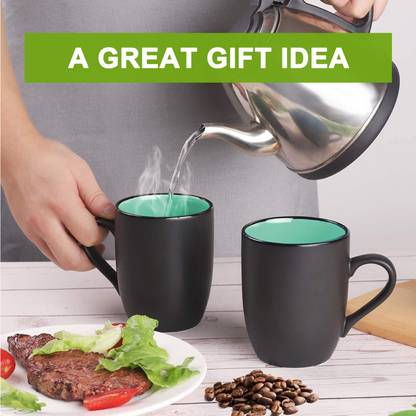 Birdie Ceramic Coffees - 2 Pieces, Matt Black, 250 ML (Sea Green Inside Colour) Ceramic Coffee Mug