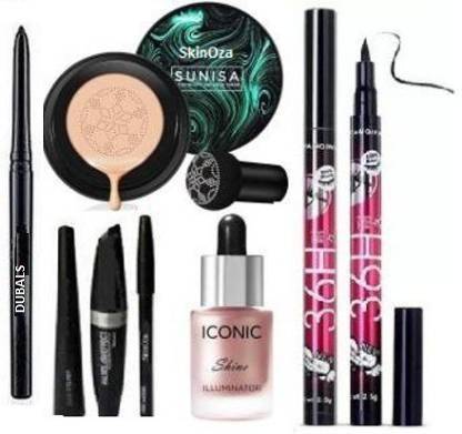 dubals Long Lasting Kajal &Sunisa CC Cream Foundation & Rosedale 3in1 Eyeliner , Mascara , Eyebrow Pencil & Professional Iconic Shine Illuminator Highlighter & 36H Eyeliner (Pack of 7) (7 Items in the set)