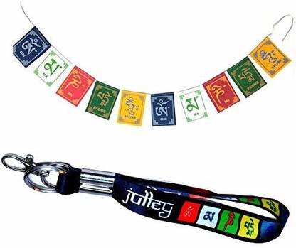 Auto MT Combo of 2 (Lanyard Key Chain and Medium Size Prayer Flag/Tibetan om amne Padme hum/Peace Mantra/Velvet Ladakh Prayer Flag for Car Bike Lanyard