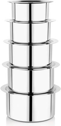 Nirvika Stainless Steel Tope/Top Set with Lid 22 Gauge Heavy Flat Bottom Patila Set of 10 (5 Pieces Top and 5 Piece Lid) Cookware Set/Pot Pan (Induction and Gas Compatible)(Size: 3100 ML, 2400 ML, 1750 ML, 1400 ML, 1100 ML) Tope Set with Lid 3.1 L, 2.4 L, 1.75 L, 1.4 L, 1.1 L capacity 23 cm diameter (Stainless Steel, Non-stick) Dish Serving Set