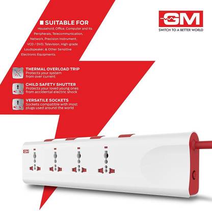 GM Modular 3061 E-Book 4+4 Spike Adaptor with Individual Switch, Indicator, Safety Shutter, International Sockets & Surge Protector 4  Socket Extension Boards