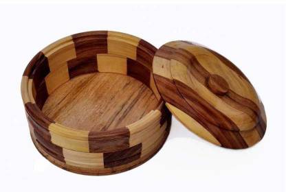 CRAFTS CARTS Solid Sheesham Wood Hot Pot Roti Box Set Round Casserole Sets Chapati Storage Container Serveware Hot Boxes for Kitchen with Side Handles Serve Casserole
