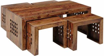 FUREON Hand Carving Design Coffee Table With 4 Stools Solid Wood Coffee Table