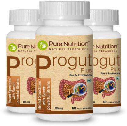 Pure Nutrition Progut Plus Pre & Probiotic formula to support healthy digestion, Combo Pack of 3 (60 Veg Capsules per bottle) No Flavor Capsules