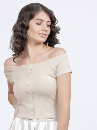 Tokyo Talkies Casual Solid Women Beige Top