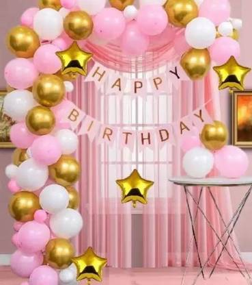 Bash N Splash Printed Pink White Gold Happy birthday Balloon with Star Balloon & golden Chrome Balloon Birthday Party Decoration With glue dots (Pack of 56) Balloon