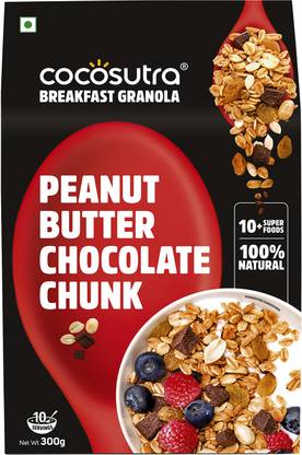 cocosutra Peanut Butter Chocolate Chunk Granola (300 g) - Healthy Breakfast Cereal with Oats, Nuts, Seeds and Dry Fruits Box