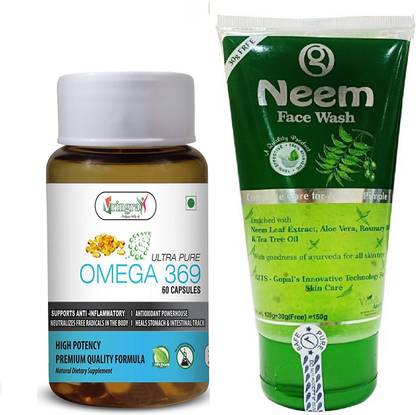 Vringra Omega Capsules & Neem -Flaxseed Oil Capsules-Acne & Pimple  (Combo) Face Wash