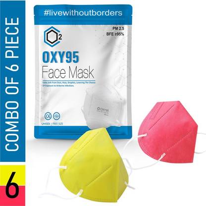 OXY95 N 95 multi color EAR loop 5 layer breathable ,washable & reusable 06 piece mask multi color COMBO OF N 95 mask PINK AND WHITE color mask with EAR loop with UNIVARSAL shape Reusable, Water Resistant (pair of two color, Free Size, Pack of 06) YELLOW PINK Reusable, Washable, Water Resistant