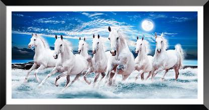 DBrush 7 Running White Horses Vastu Photo Framed Laminated UV Coated Lucky Painting(V3) Digital Reprint 12 inch x 24 inch Painting