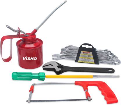 VISKO 821 Hand Tools Combo With 6"Junior Hacksaw Frame, 1/2 Oil Can, 2 in 1 Long Handle Screwdriver, Phosphate Finish Single Sided Open End Wrench,Spanner Set, Combination Spanner Set of 6 Pcs Combination Screwdriver Set