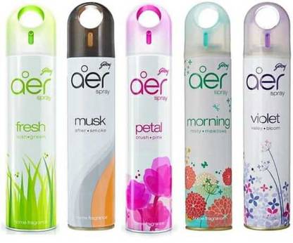 Godrej Aer FRESH (LUSH GREEN), MUSK (AFTER SMOKE), PETAL (CRUSH PINK), MORNING (MISTY MEADOWS), VIOLET (VALLEY BLOOM) Spray  (5 x 240 ml)