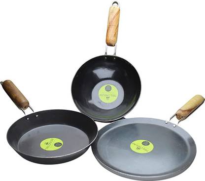 Trilonium Combo Set of 3 Pcs Mild Carbon Steel | Iron Kadhai 10 inches + Skillet 11 inches + Tawa 12 inches with Wooden Handle | Induction Bottom Cookware Set
