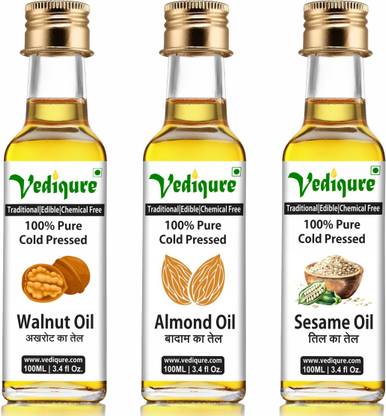 vediqure 100% Pure Cold Pressed Edible Akhrot Ka Tel, Badam Ka Tel and Til Ka Tel - 100 ML Almond Oil + 100 ML Sesame Oil + 100ML Walnut Oil Glass Bottle