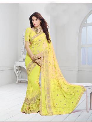 Embroidered Bollywood Chiffon Saree with Unstitched Blouse