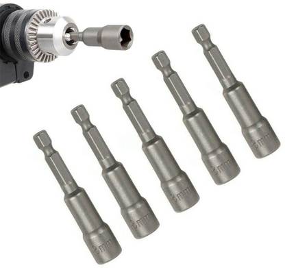 uptodateprouducts 5Pcs 8mm Silver Magnetic Hex Socket Tech Screw Driver Tek Bit Drill Nut Setter Roofing Cladding Set Bits Sets Hand Tool Parts Stubby Screwdriver Set