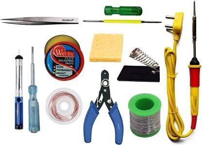 Gilhot 25W Soldering Iron, Iron Stand, Solder Wire, Cutter, Paste Flux, Desoldering Wick, Sponge, Tweezer, Pump, Tester, Screw Driver 25 W Simple
