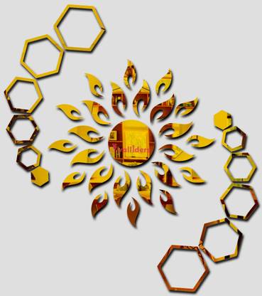 wall1ders 70 cm Sun Golden With Hexagon Ring 2 Set Mirror stickers for wall, wall mirror stickers for Home & Offices. Self Adhesive Sticker