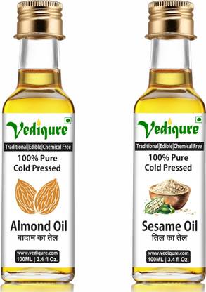 vediqure 100% Pure Cold Pressed Edible Badam Ka Tel and Til Ka Tel - 100 ML Almond Oil + 100 ML Sesame Oil Glass Bottle