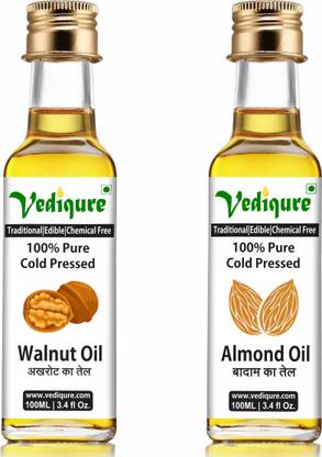 vediqure 100% Pure Cold Pressed Edible Akhrot Ka Tel and Badam Ka Tel - 100 ML Walnut Oil + 100 ML Almond Oil Glass Bottle