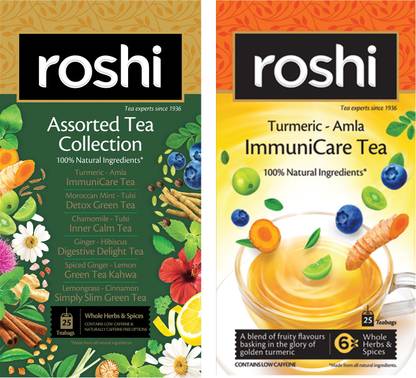 ROSHI Assorted + ImmuniCare Tea |(50 Tea bags)| Combo pack for Complete Wellness and Immunity Green Tea Bags Pouch